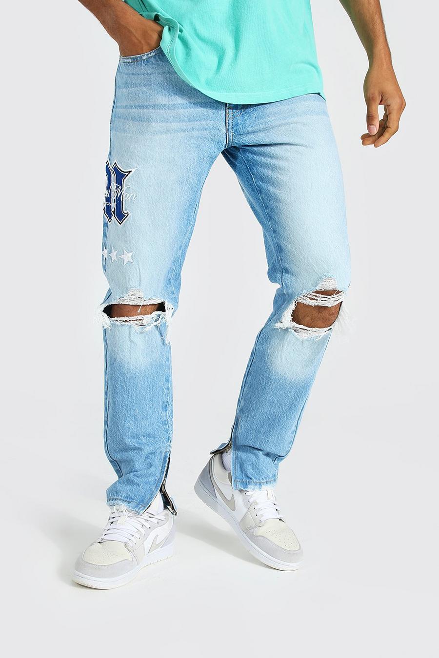 Steife Skinny Fit Jeans mit zerrissenen Knien und M-Print, Eisblau image number 1