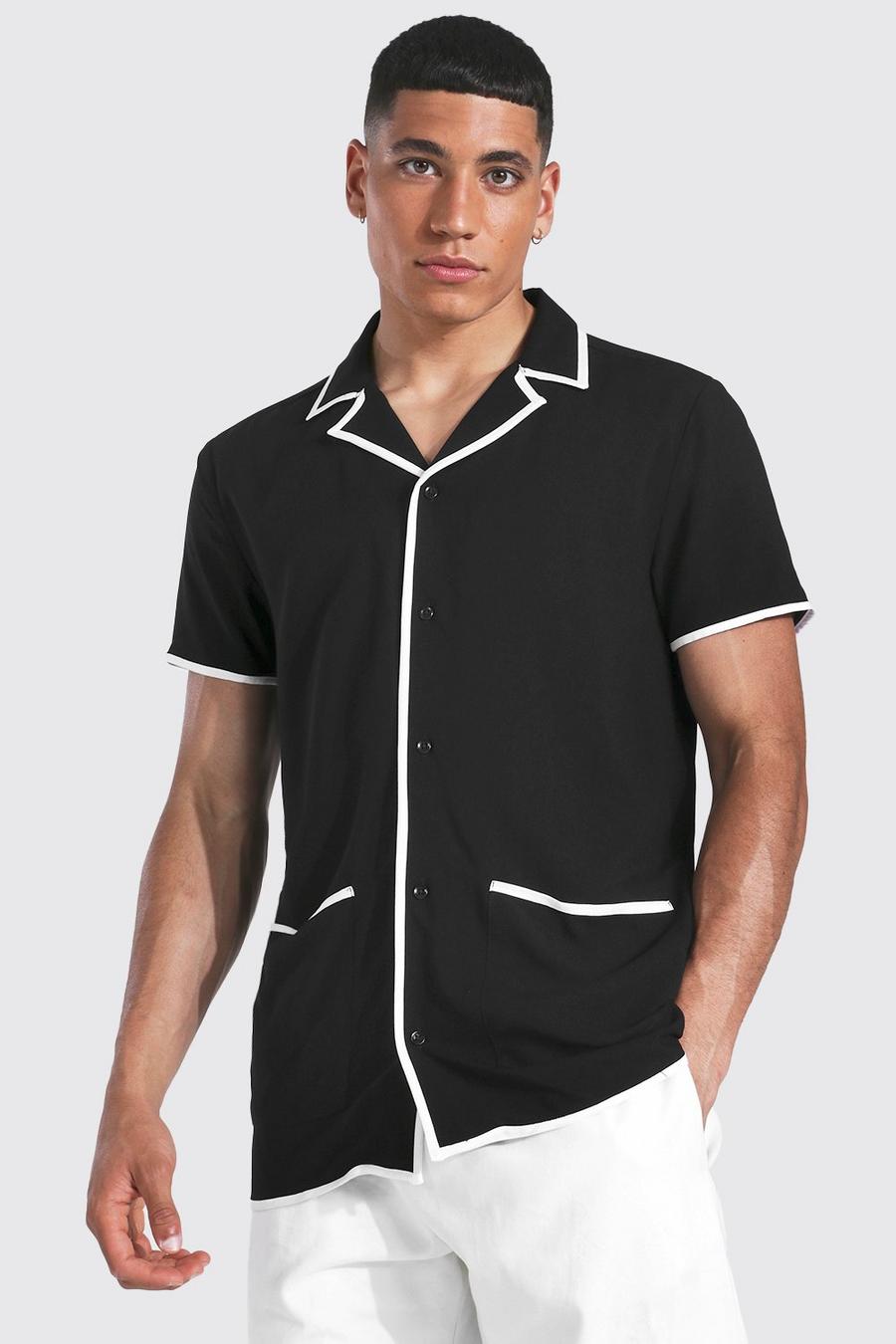 Black Short Sleeve Trimmed Viscose Shirt image number 1