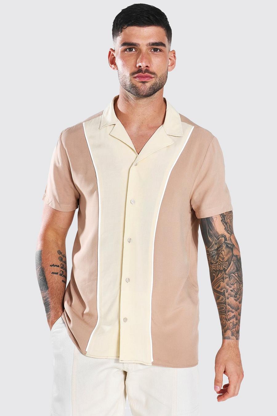 Taupe Short Sleeve Colour Block Panel Shirt image number 1