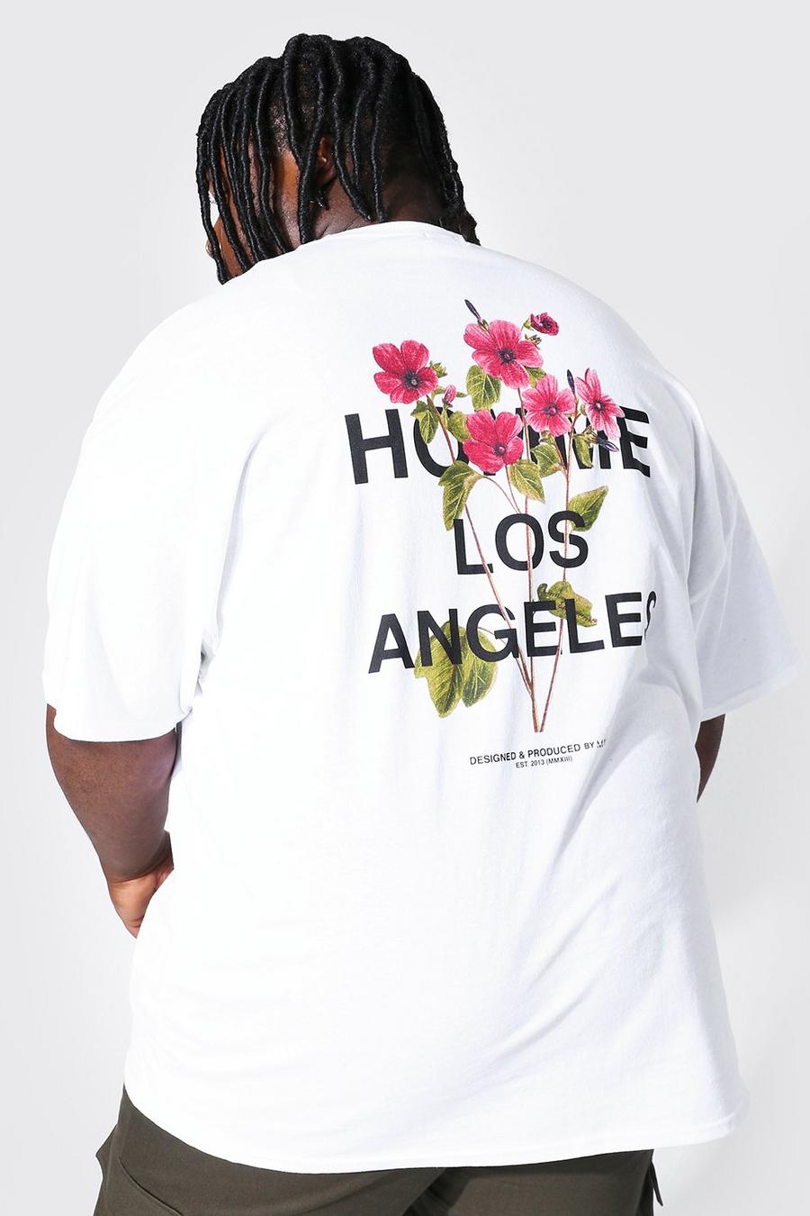 White Plus Size Bloemenprint Los Angeles T-Shirt Met Rugopdruk image number 1