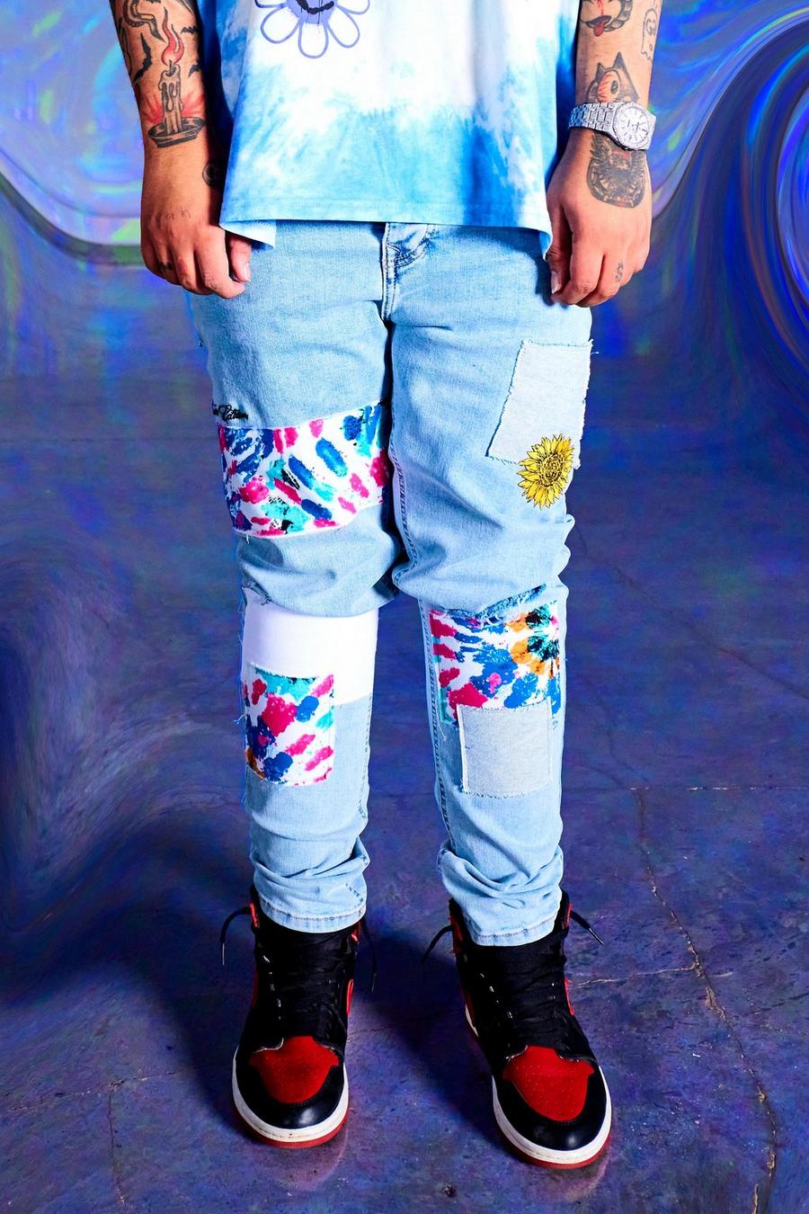 Ice blue Skinny Stretch Patchwork Busted Knee Jeans image number 1