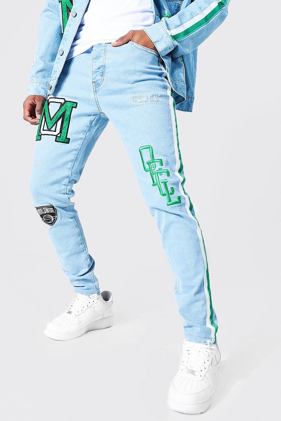 Ice blue Skinny Stretch Varsity Jeans With Side Tape image number 1