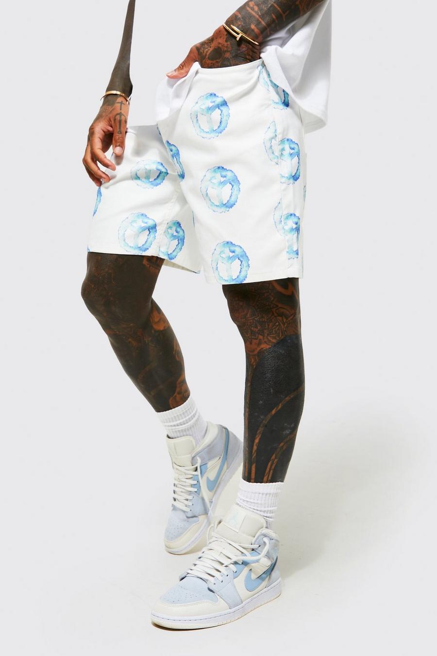 White Baggy Denim Peace Print Shorts image number 1