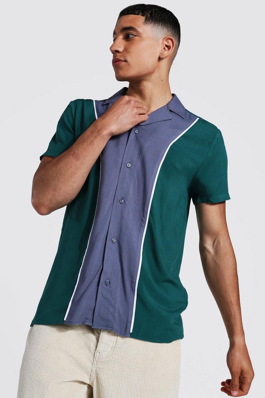 Forest green Short Sleeve Colour Block Panel Shirt image number 1