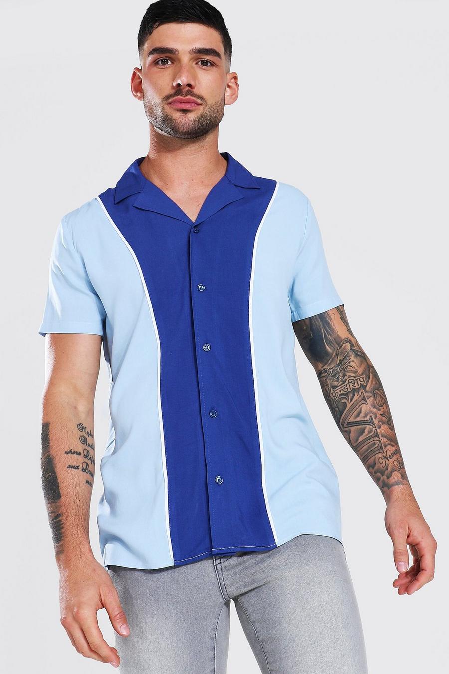 chemise manches courtes à empiècement colour block, Bleu image number 1