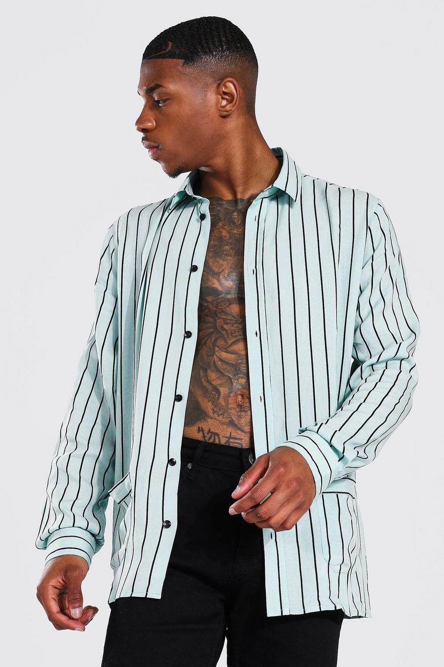Light grey Long Sleeve Striped Pocket Detail Shirt image number 1