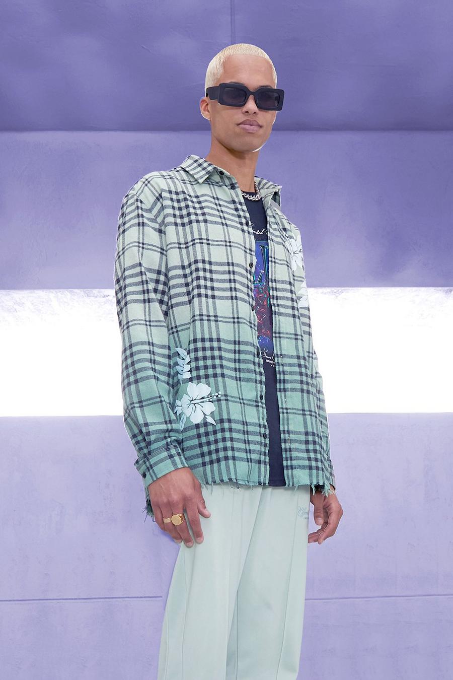 Green Oversized Ombre Check Shirt With Floral Print image number 1