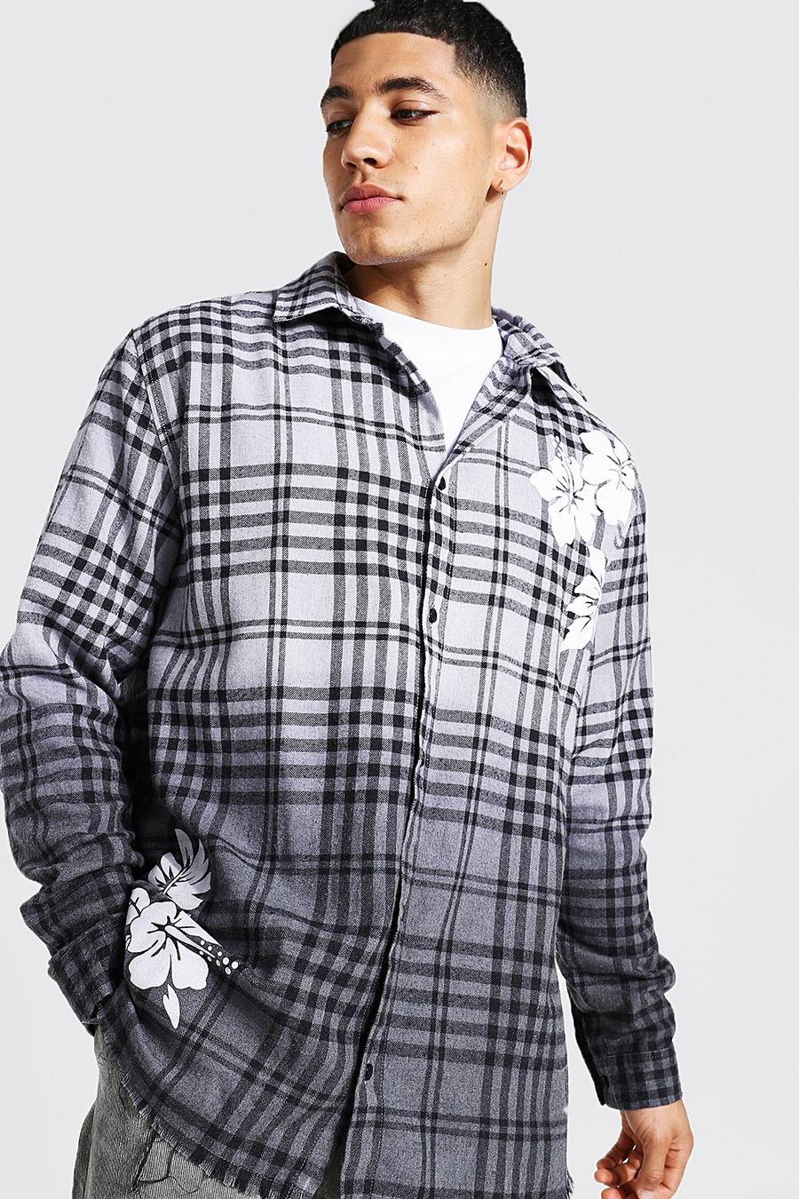 Grey Oversized Ombre Check Shirt With Floral Print image number 1