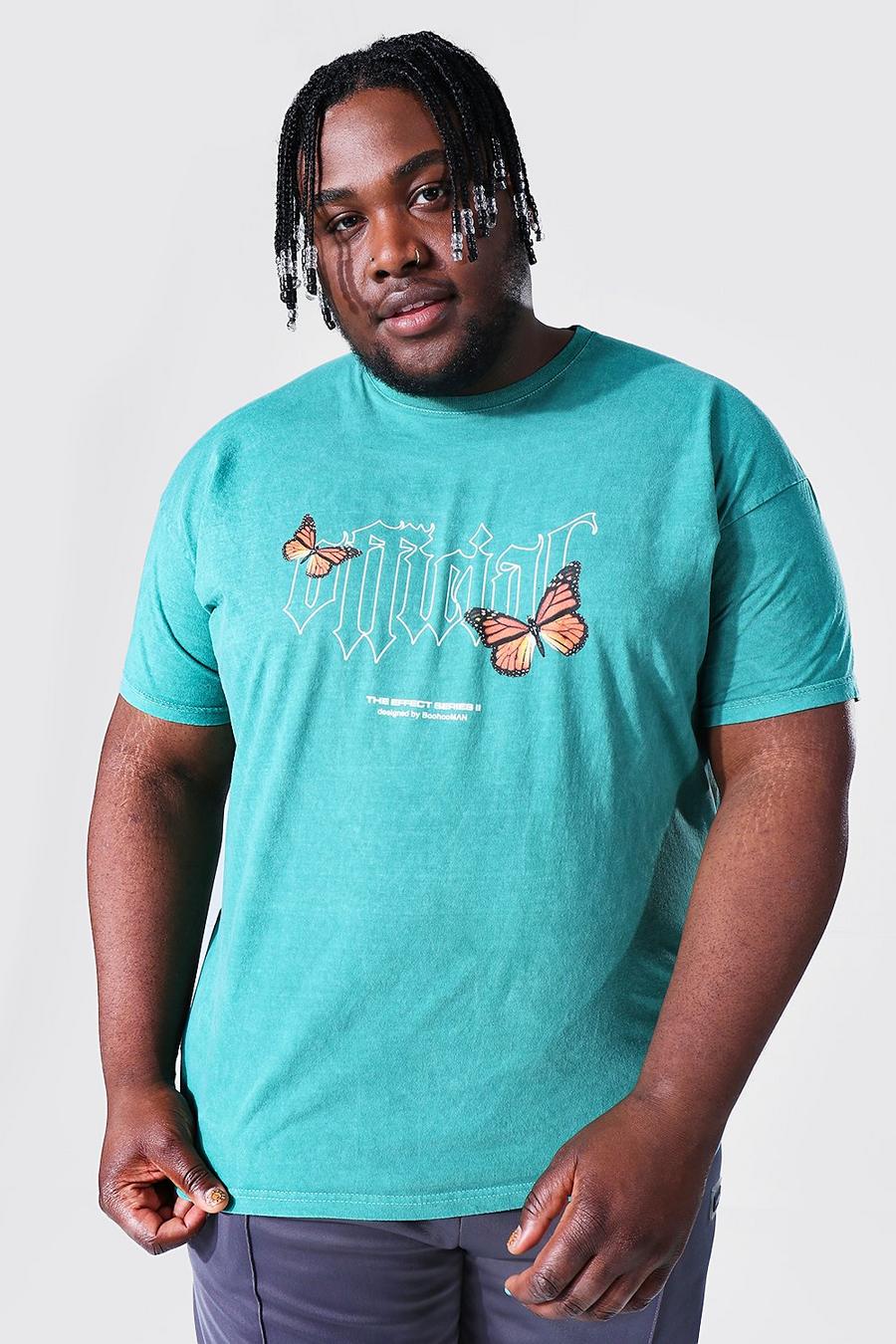 Teal Plus Size Overdyed Butterfly Graphic T-Shirt image number 1