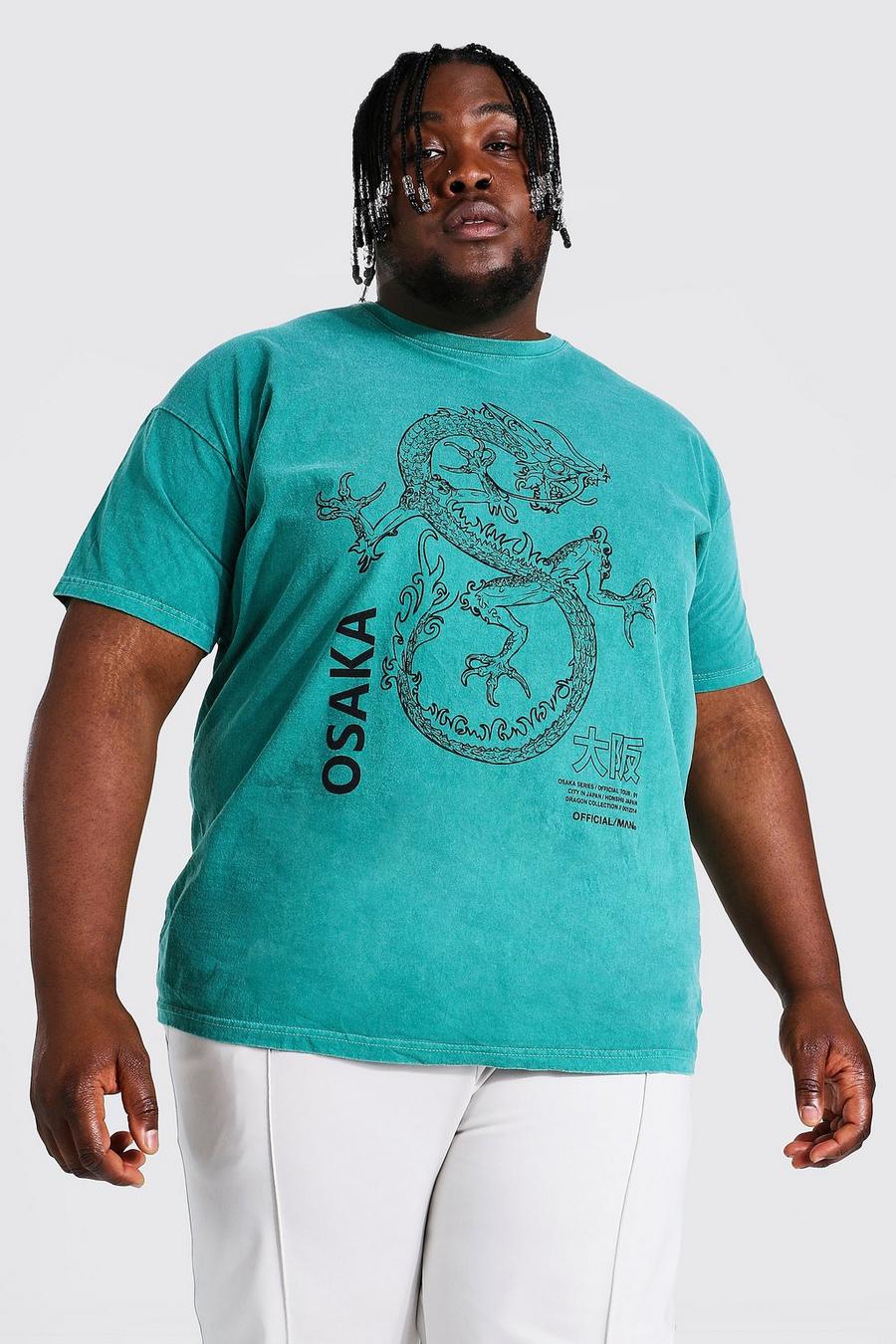 Teal Plus Size Overdyed Osaka Dragon Print T-Shirt image number 1