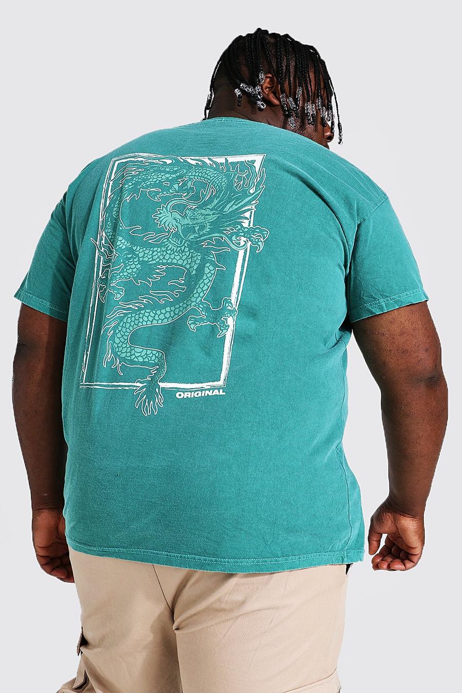 Teal Plus Size Overdyed Dragon Back Print T-shirt image number 1
