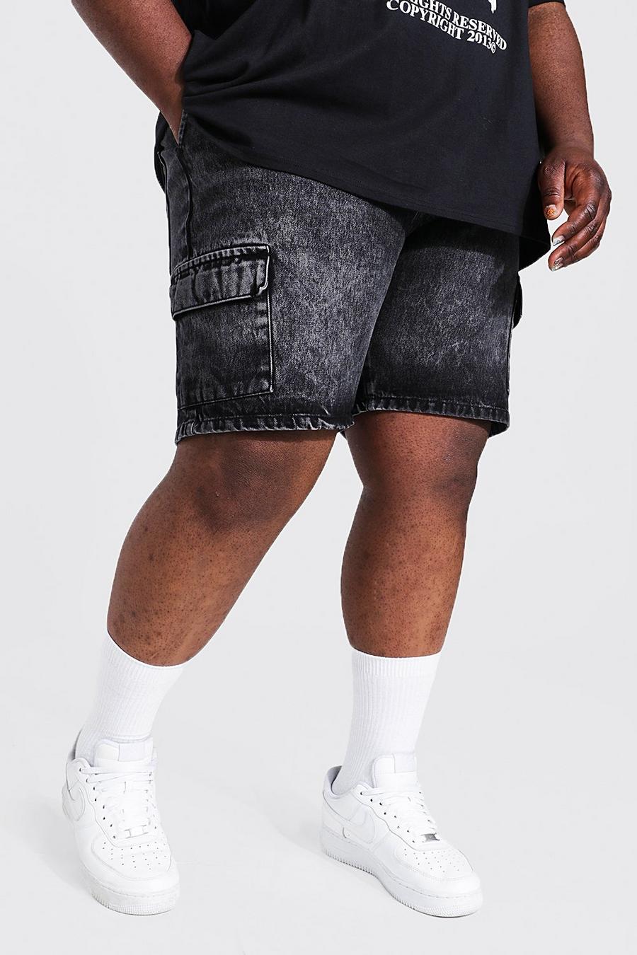 Pantaloncini Plus Size in denim rigido stile Cargo, Washed black image number 1