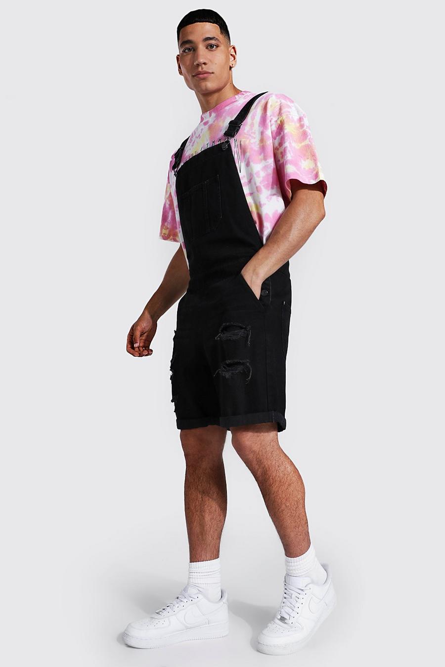Washed black Slim Fit Multi Rip Short Overall image number 1