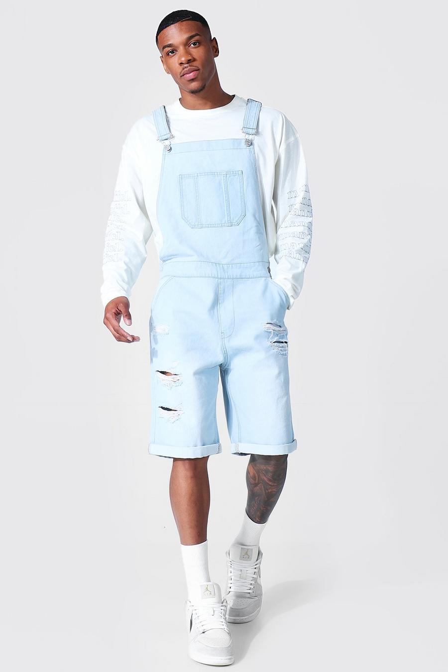 Ice blue Loose Fit Multi Rip Short Dungaree image number 1