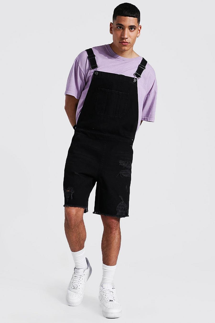 Washed black Slim Rigid Short Overall With Frayed Hem image number 1