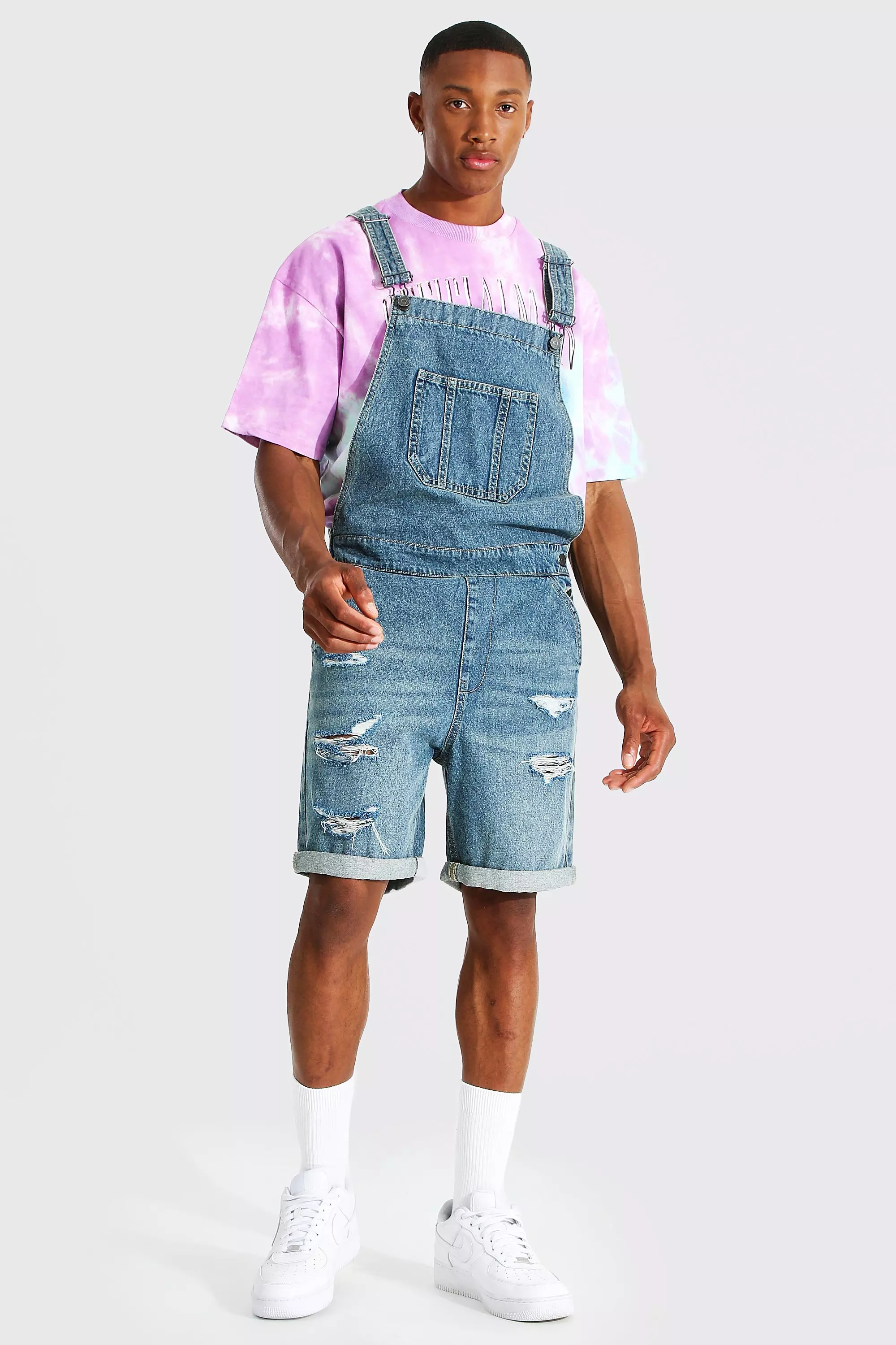 Blue Ripped Dungaree Denim Short