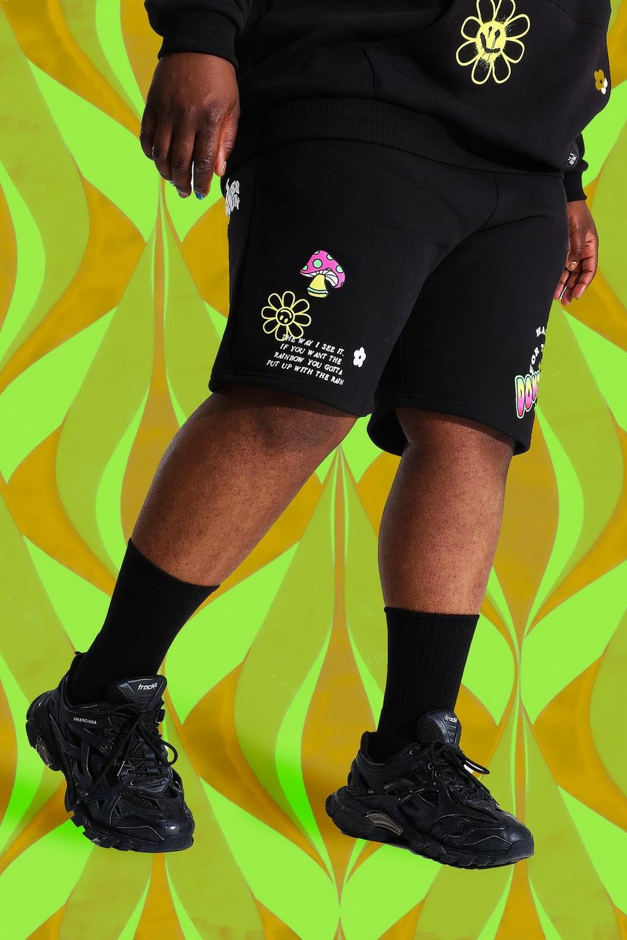 Pantaloncini Plus Size Regular Fit in Jersey con Smiley stile graffiti, Black image number 1