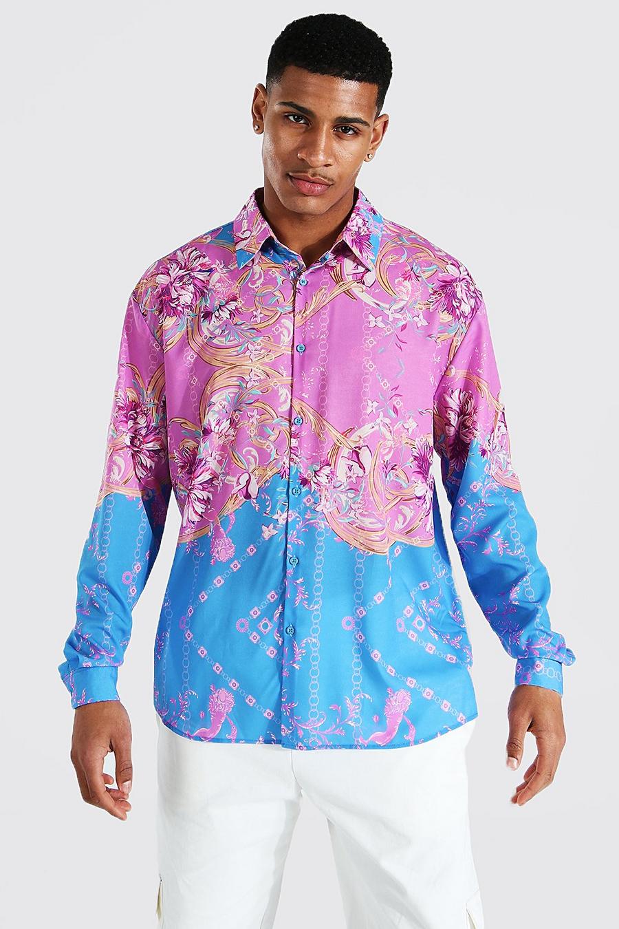 Pink Long Sleeve Oversized Spliced Baroque Shirt image number 1