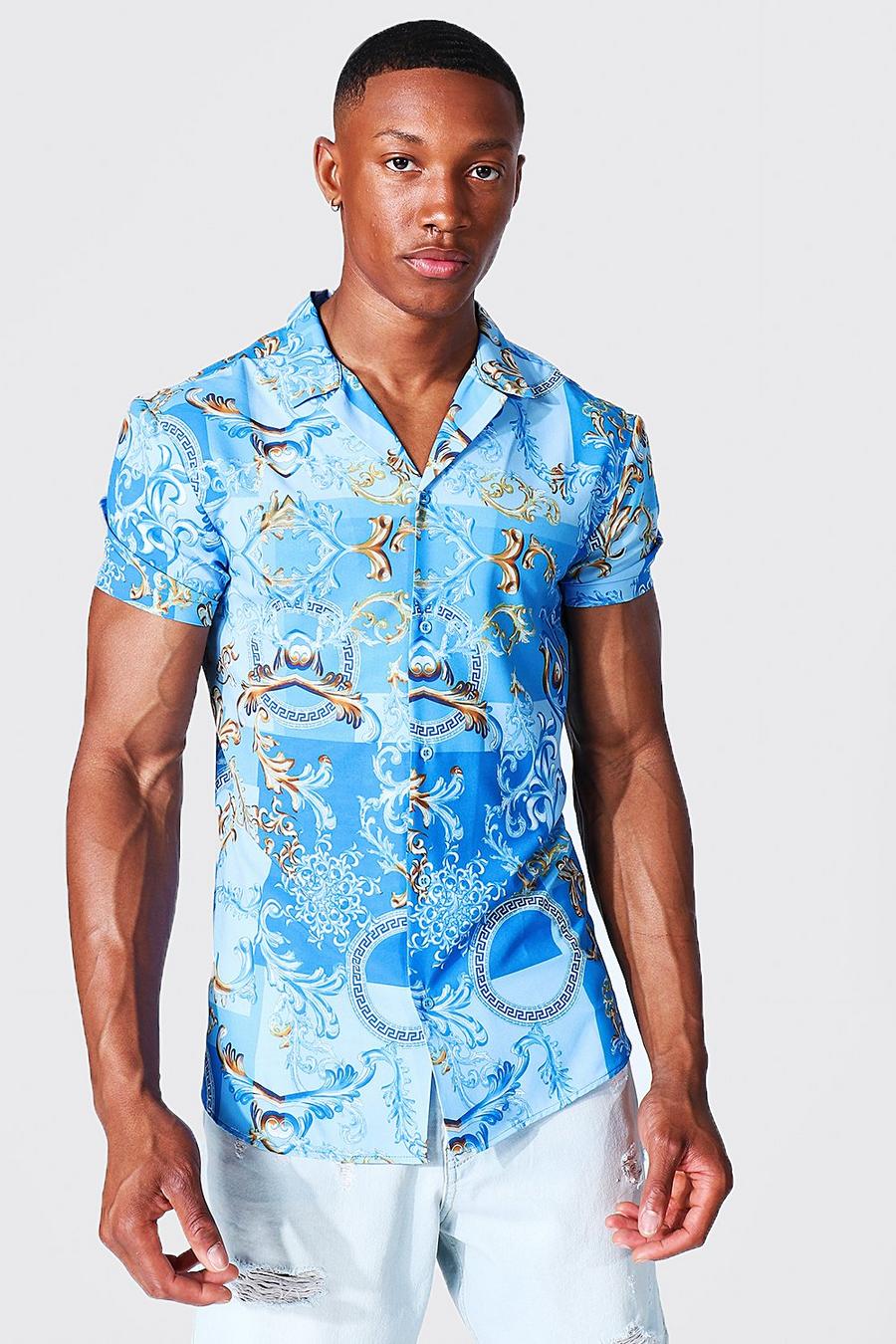 Camicia attillata a maniche corte con rever con stampa barocca a motivi geometrici, Blue image number 1