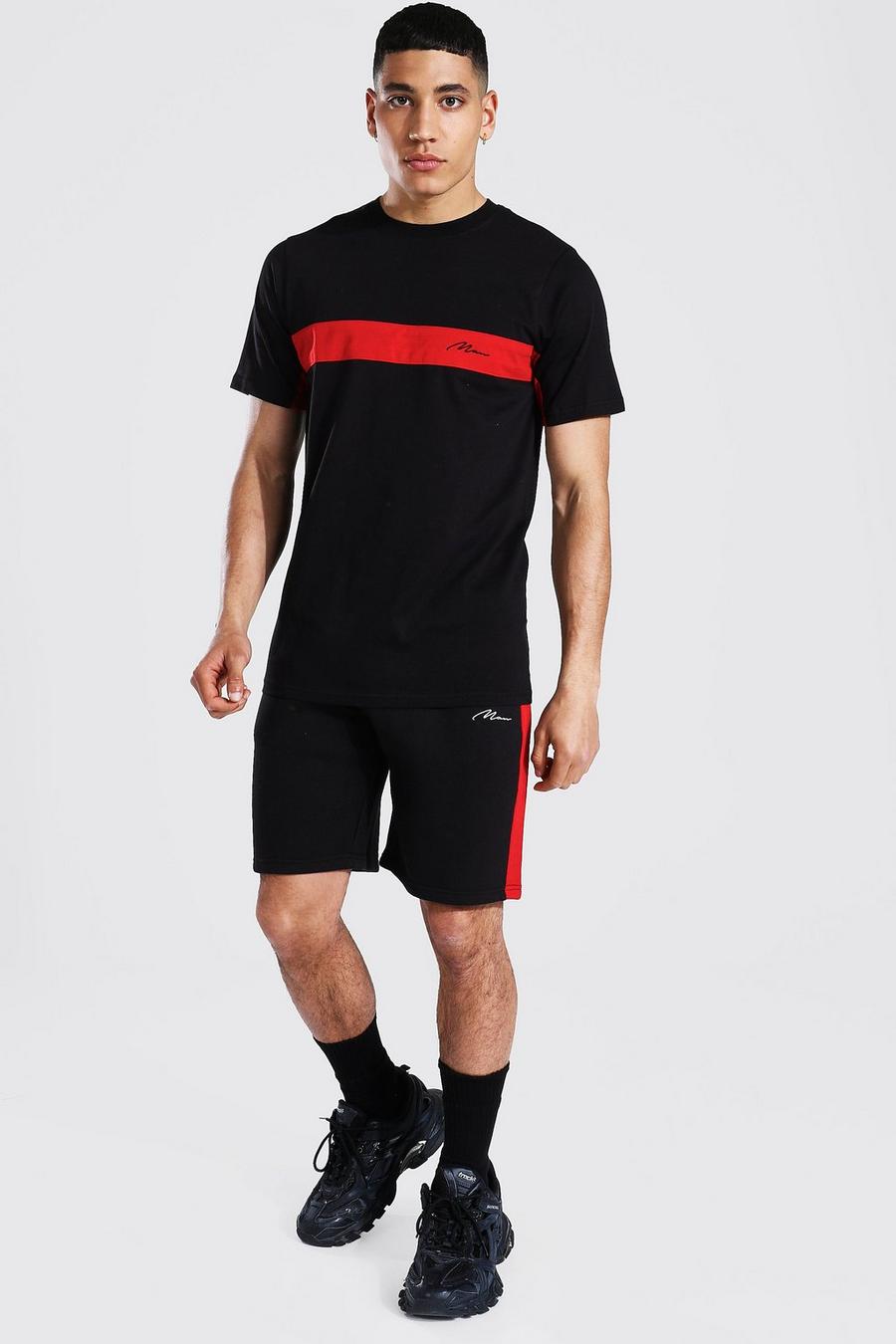 Man Signature Colorblock T-Shirt und Shorts-Set, Black image number 1