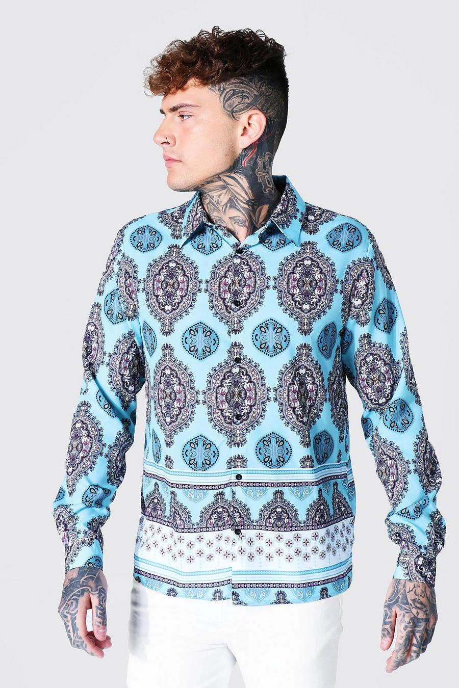 Blue Long Sleeve All Over Print Baroque Shirt image number 1