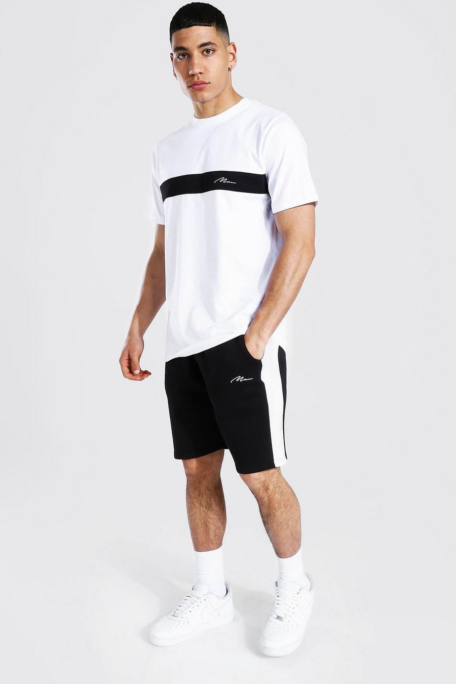 Man Signature Colorblock T-Shirt und Shorts-Set, White image number 1