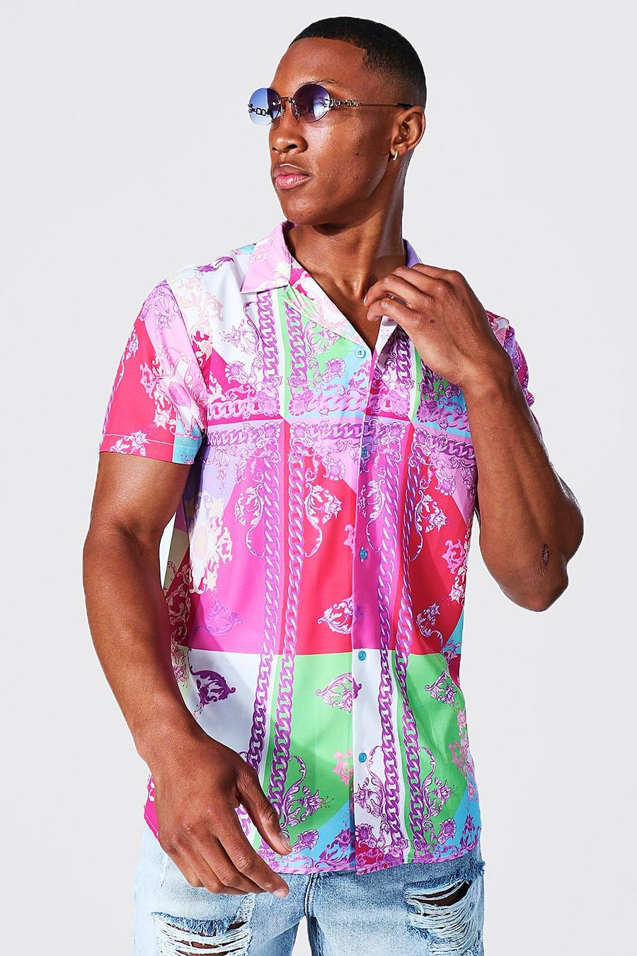 Kurzärmliges Colorblock Barock-Hemd, Pink image number 1