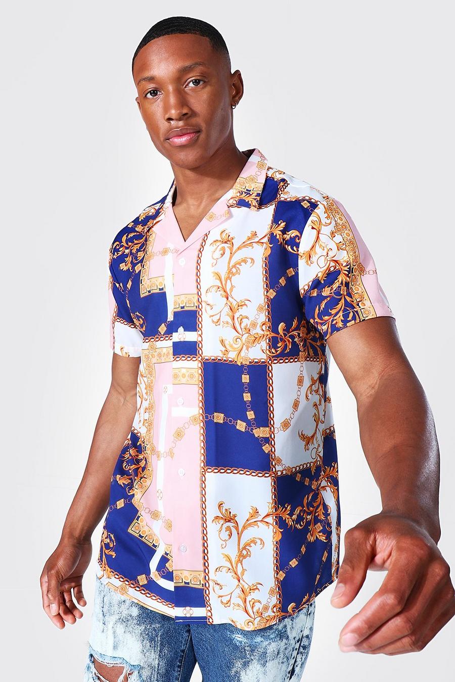 Blue Kortärmad mönstrad skjorta med bowlingkrage image number 1