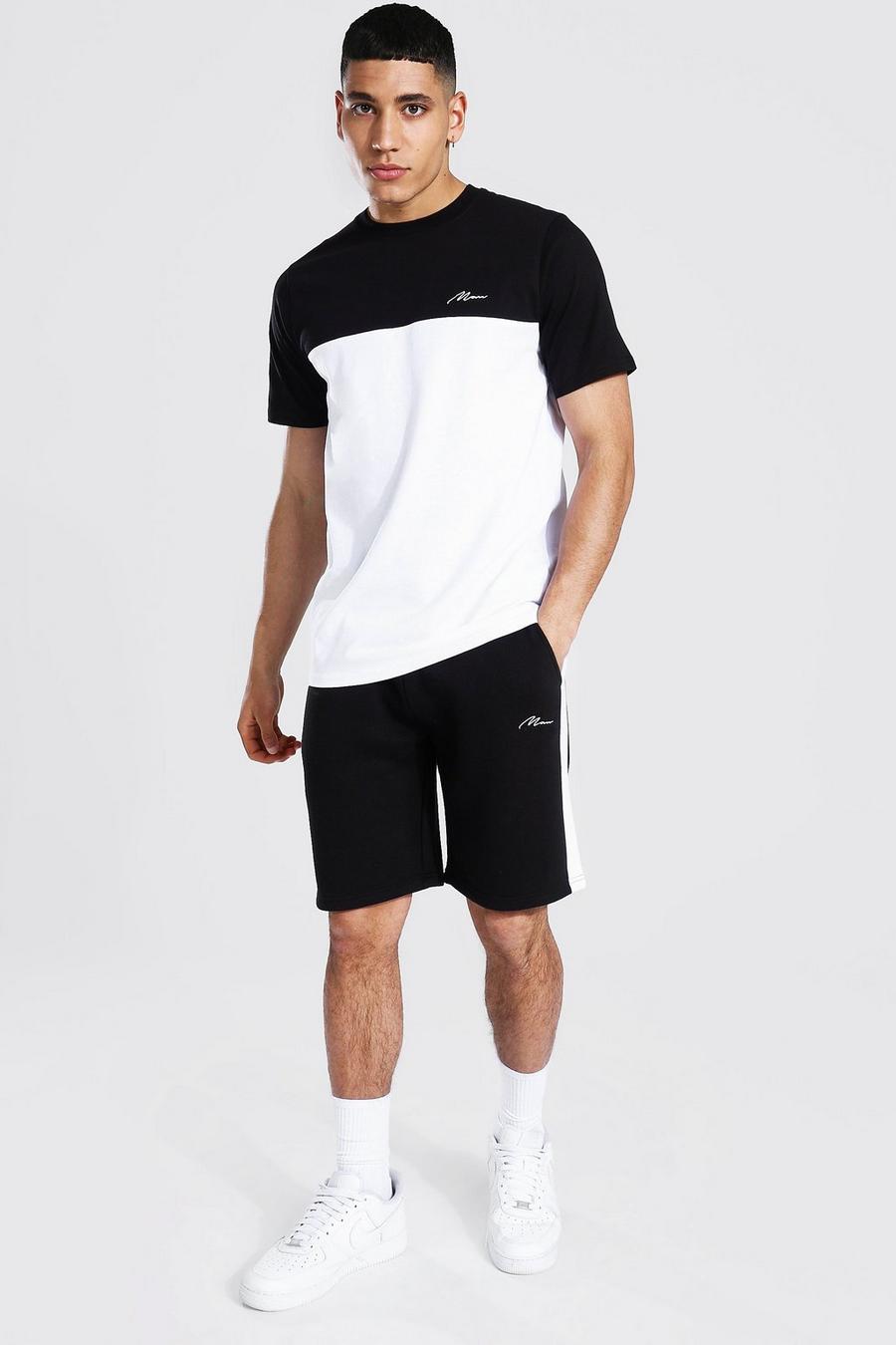 Man Signature Colorblock T-Shirt & Shorts Set, Black image number 1