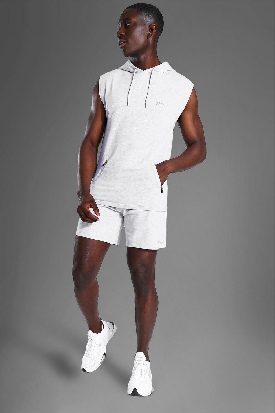 Grey marl Man Active Gym Sleeveless Hoodie & Short Set image number 1