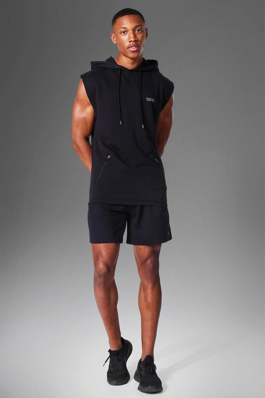 Black Man Active Gym Sleeveless Hoodie & Short Set image number 1