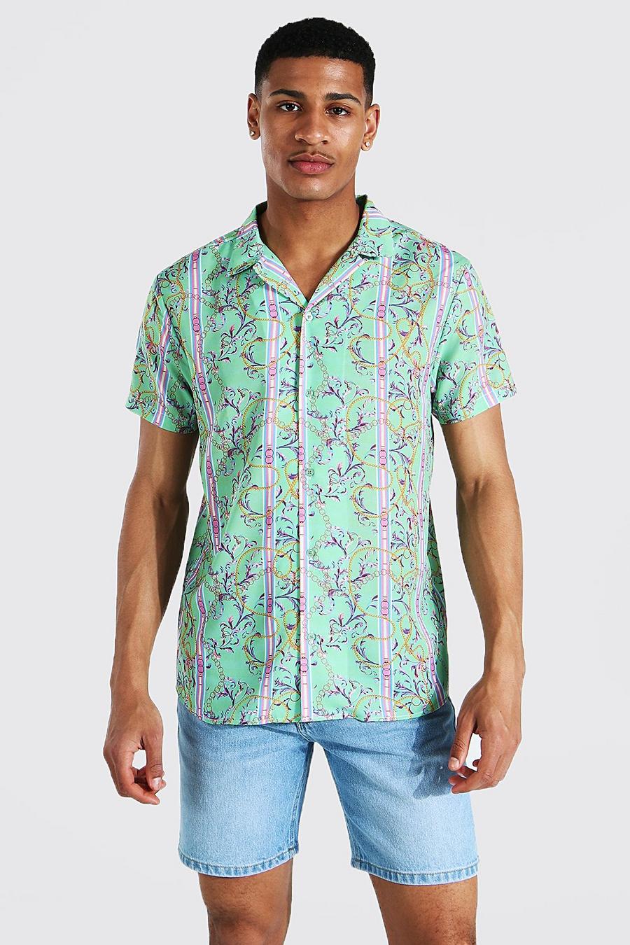 Chemise à manches courtes col tailleur à rayures baroque, Vert image number 1