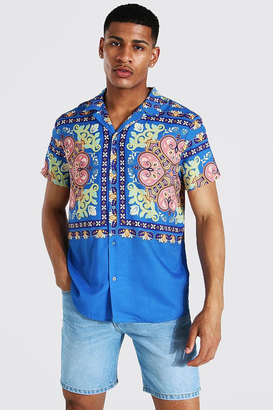 Chemise à manches courtes à col tailleur imprimé baroque sur les bords, Bleu image number 1