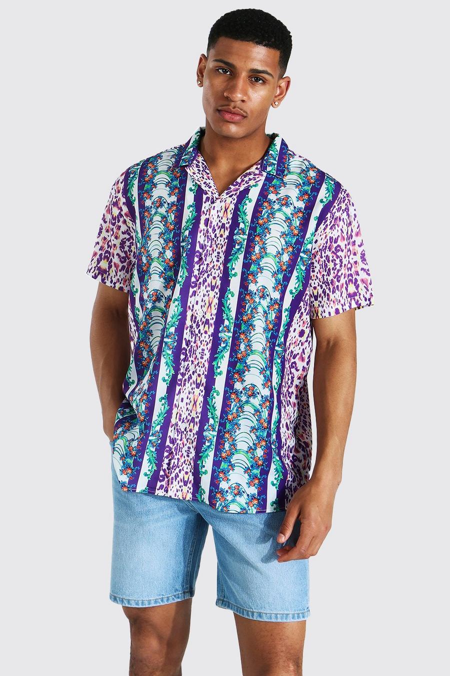 Purple Kortärmad mönstrad skjorta med bowlingkrage image number 1