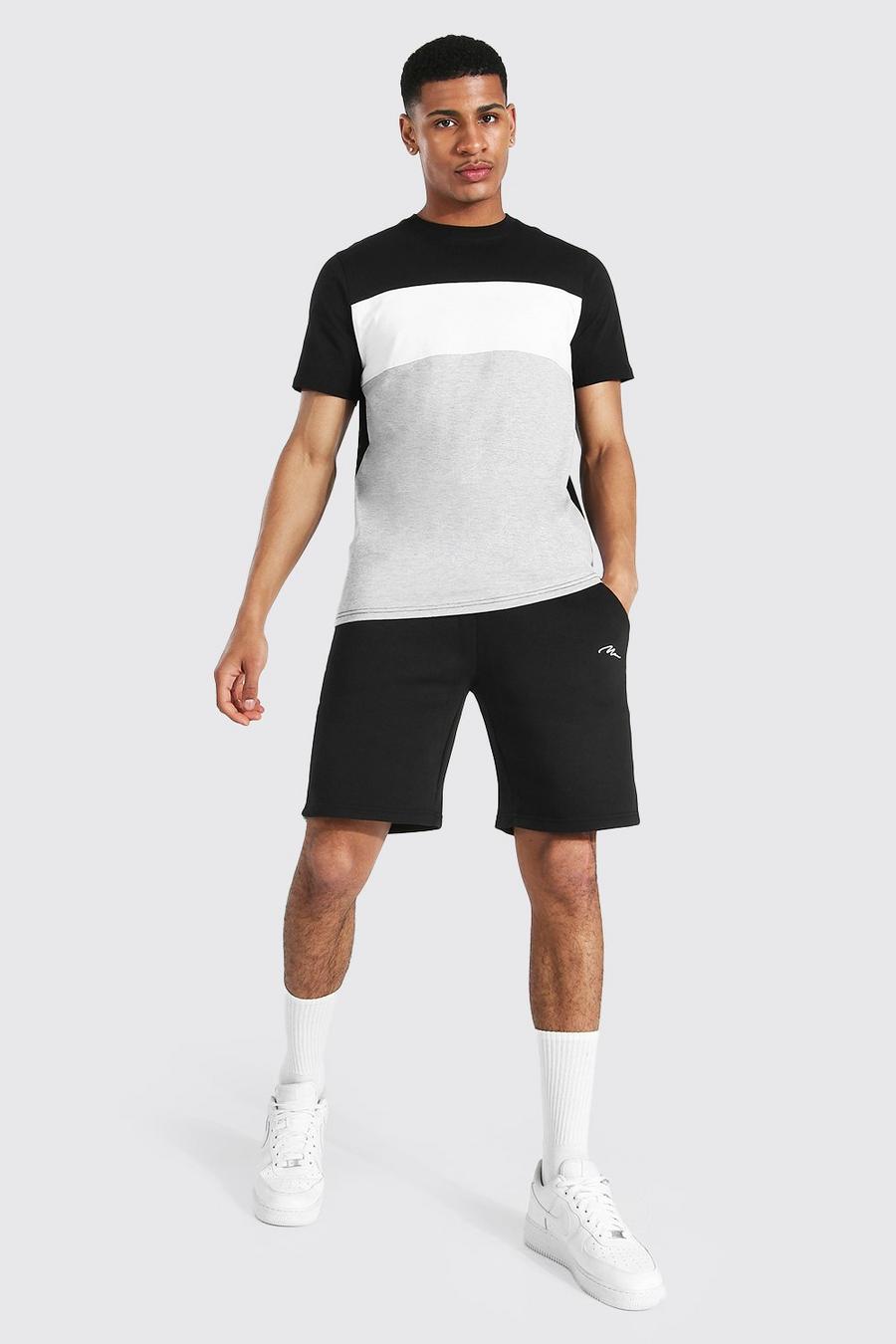 Black Man Signature Colour Block T-Shirt En Shorts Set image number 1