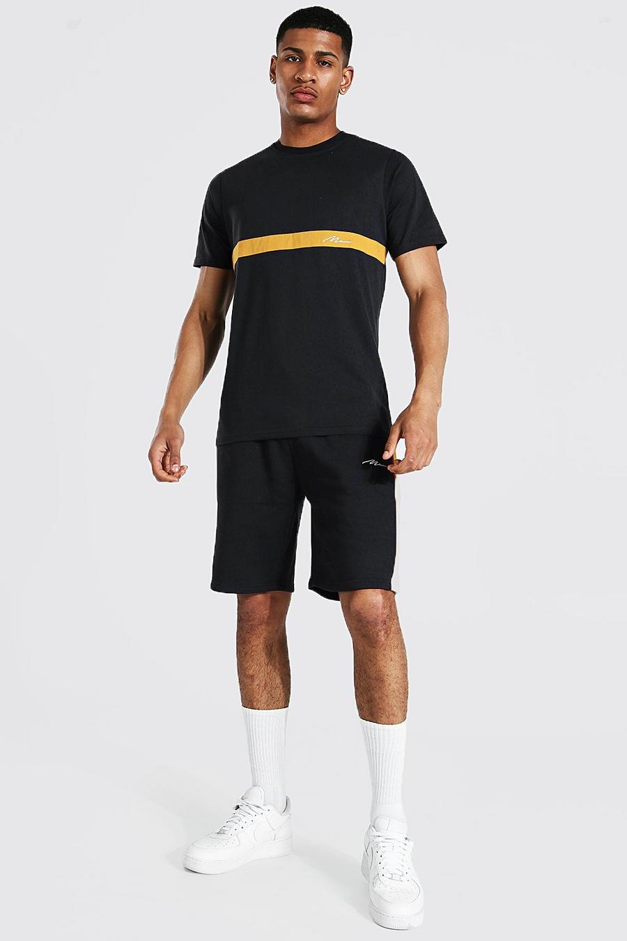 Set T-shirt & pantaloncini a blocchi di colore con scritta Man, Navy image number 1