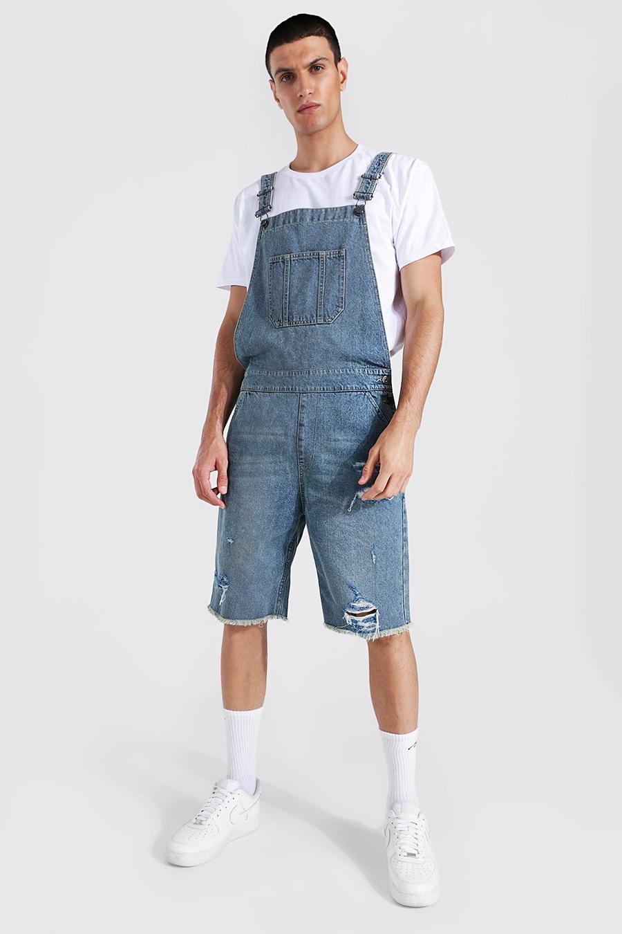 Antique blue Relaxed Fit Short Dungaree With Frayed Hem image number 1