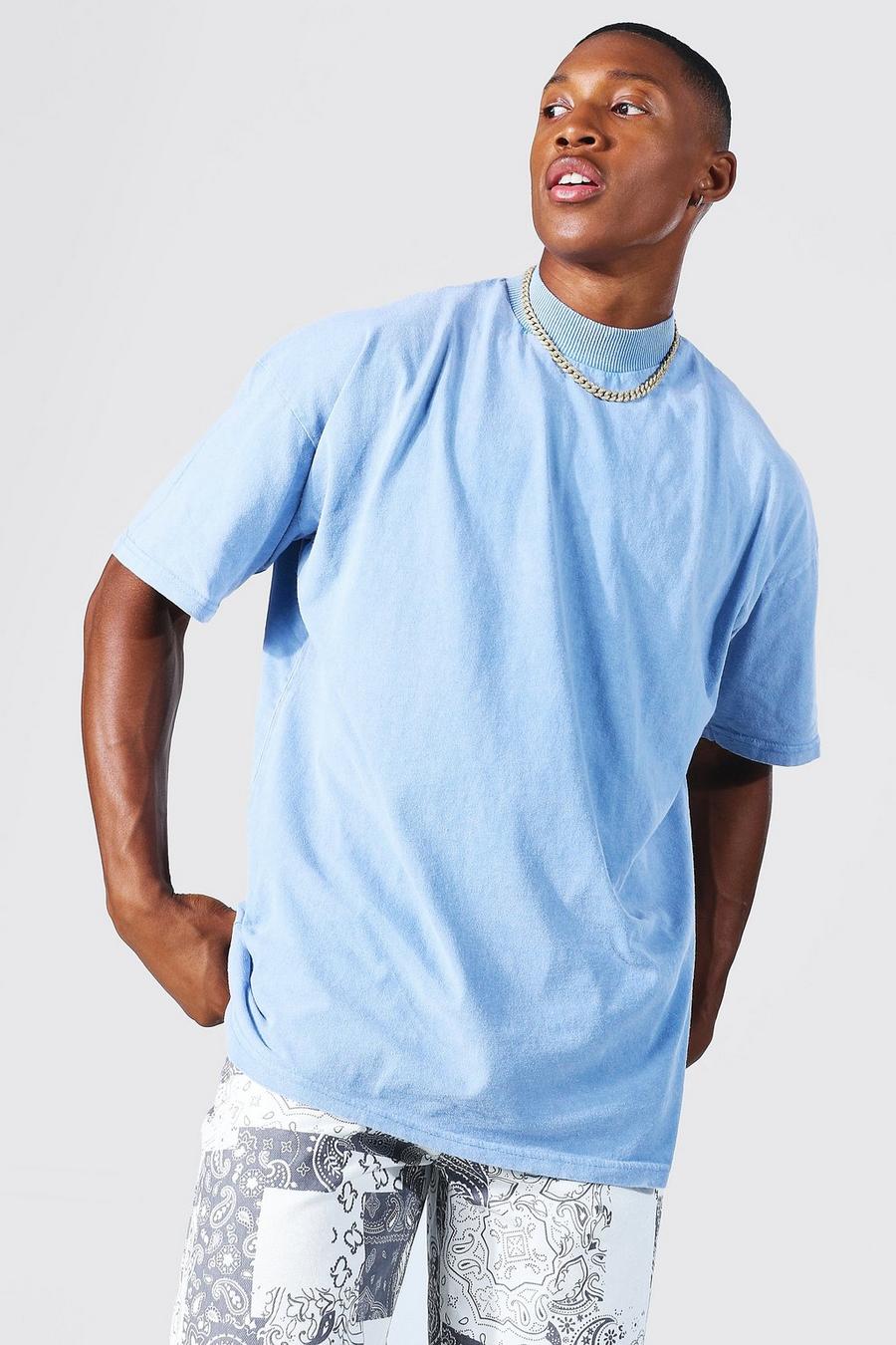 Blue Oversized Extended Neck Washed T-shirt image number 1
