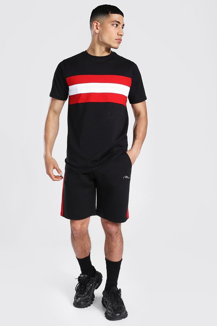 Man Signature Colorblock T-Shirt und Shorts Set, Black image number 1