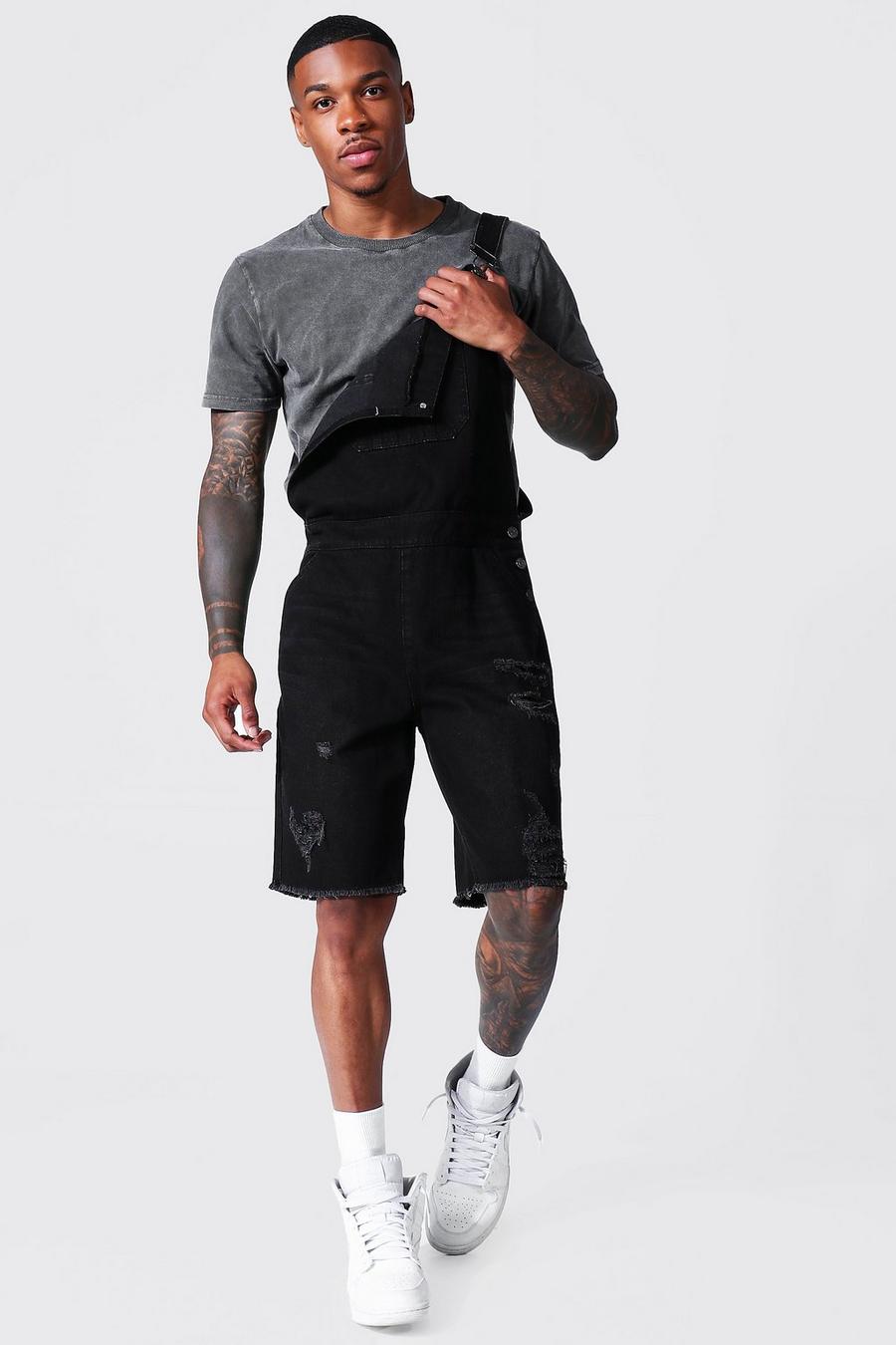 Washed black Relaxed Fit Short Overall With Frayed Hem image number 1