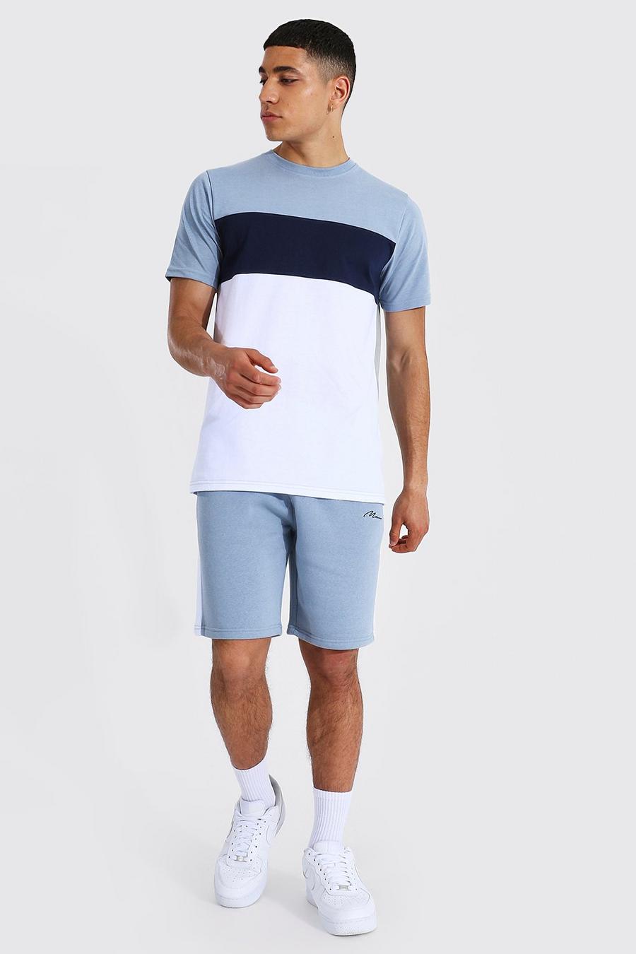 Dusty blue Man Signature Color Block T-Shirt En Shorts Set image number 1