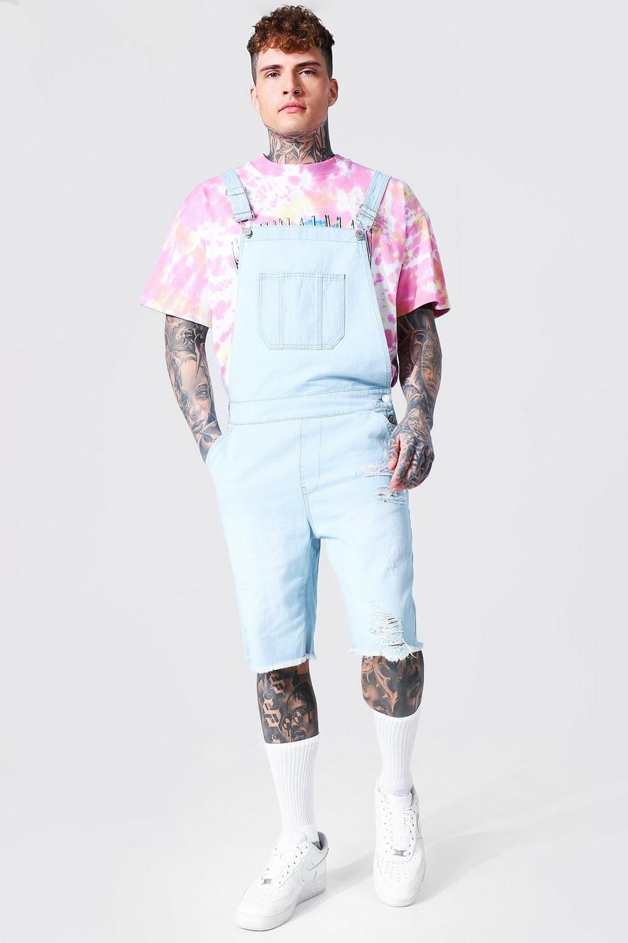 Ice blue Relaxed Fit Short Dungaree With Frayed Hem image number 1