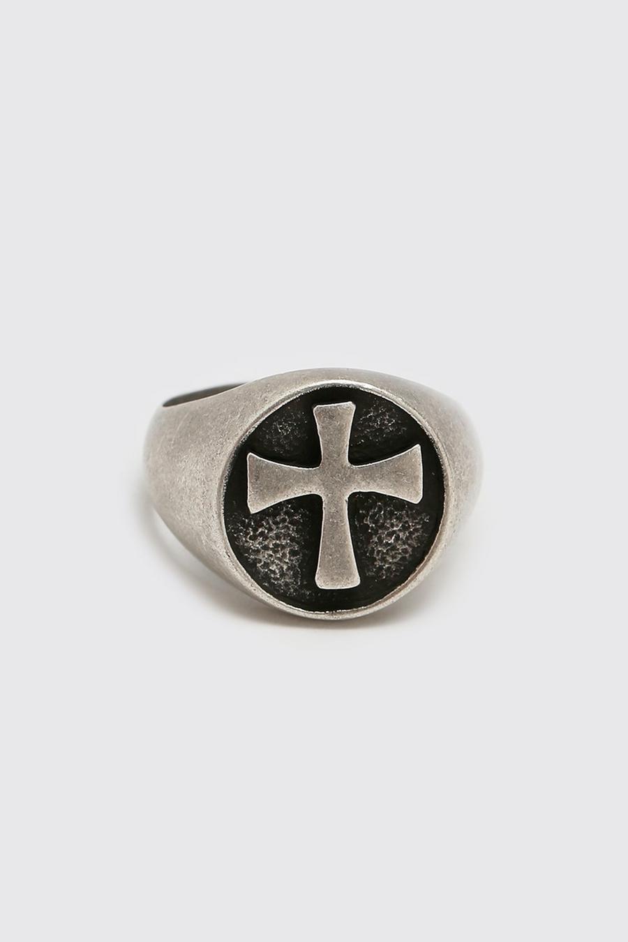 Silver Cross Detail Signet Ring image number 1