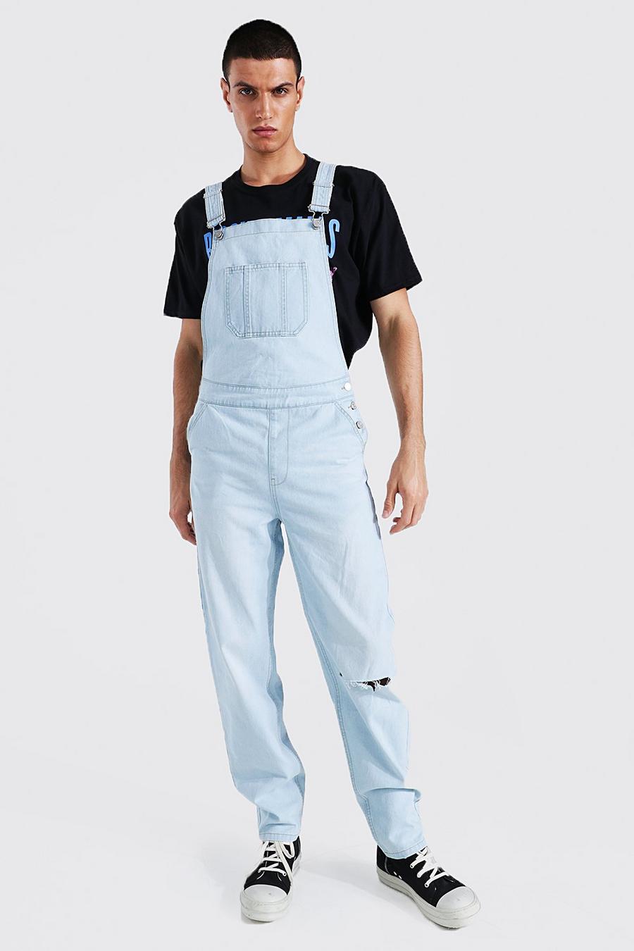 Ice blue Relaxed Fit Knee Slash Long Dungaree  image number 1