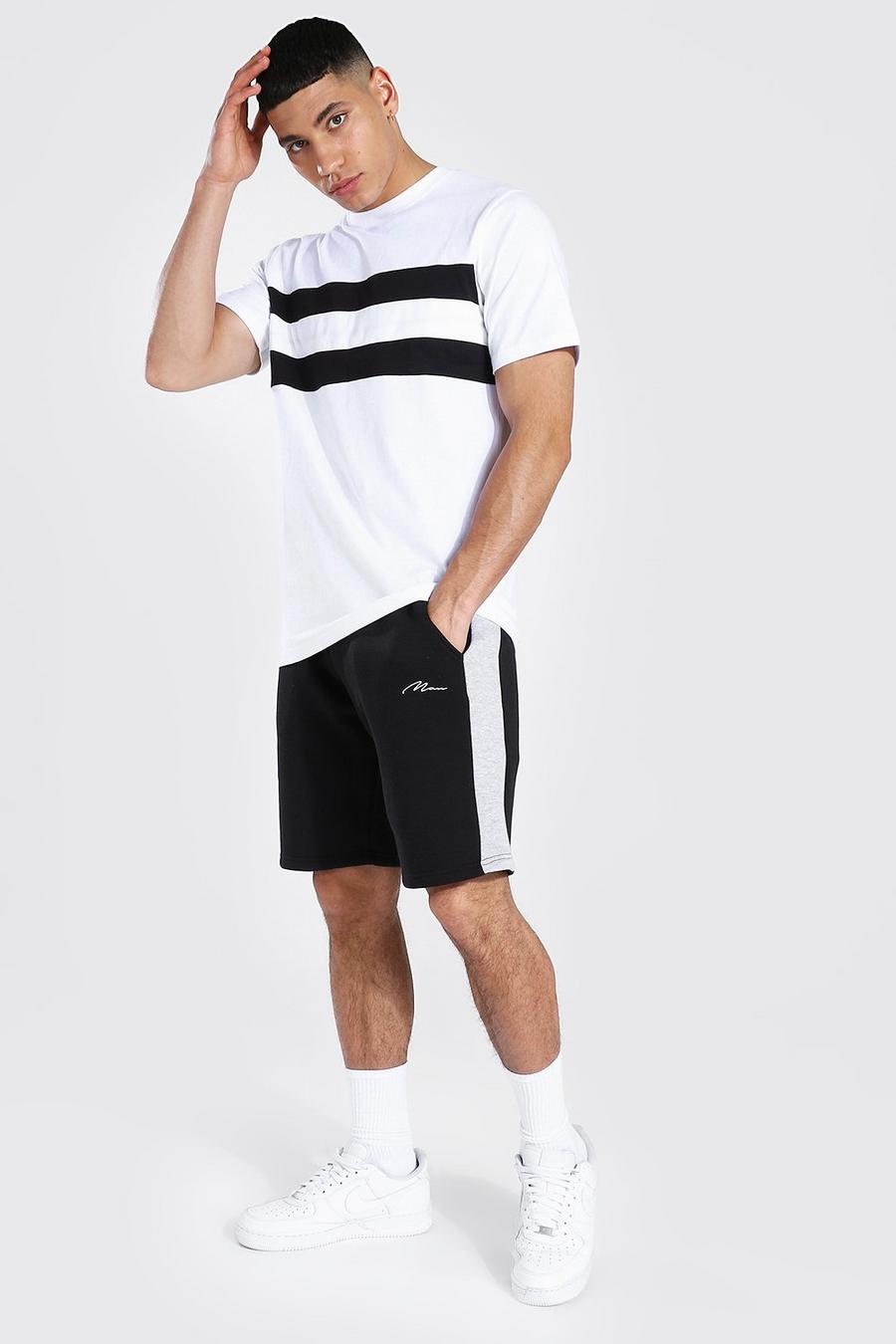 Set coordinato T-shirt & pantaloncini con scritta Man a blocchi di colore, White image number 1