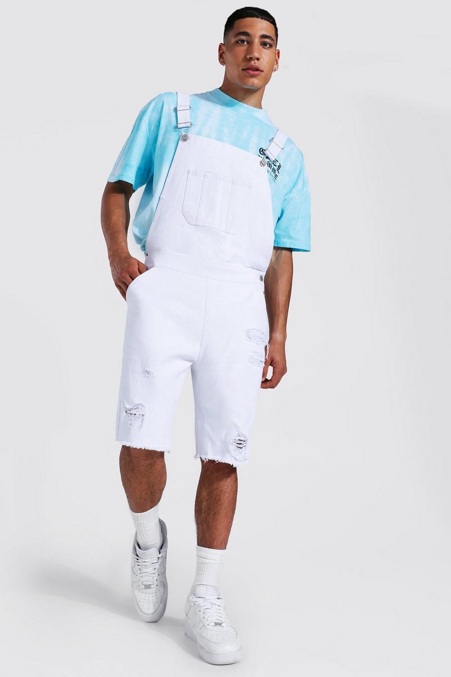 White Relaxed Fit Short Dungaree With Frayed Hem image number 1
