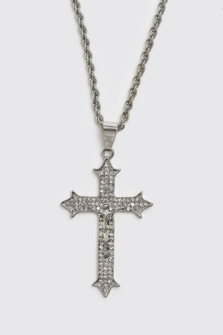 Silver Iced Cross Pendant Necklace image number 1