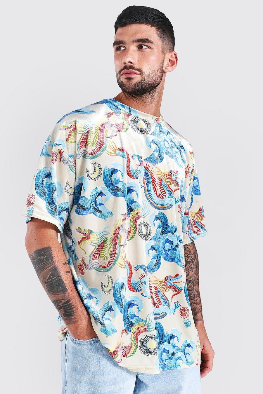 T-shirt oversize en velours imprimé dragon, Sable image number 1