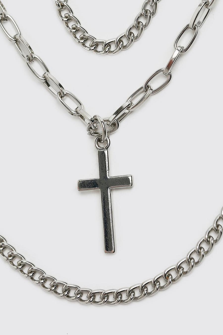 Silver Triple Layer Chain With Cross image number 1