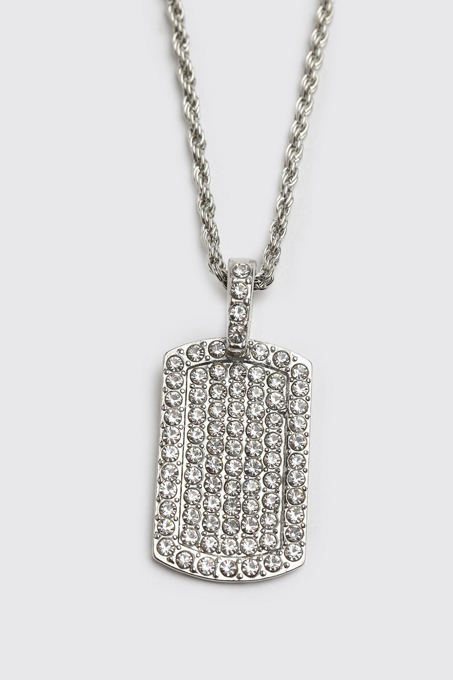 Silver Iced Dog Tag Pendant Necklace image number 1
